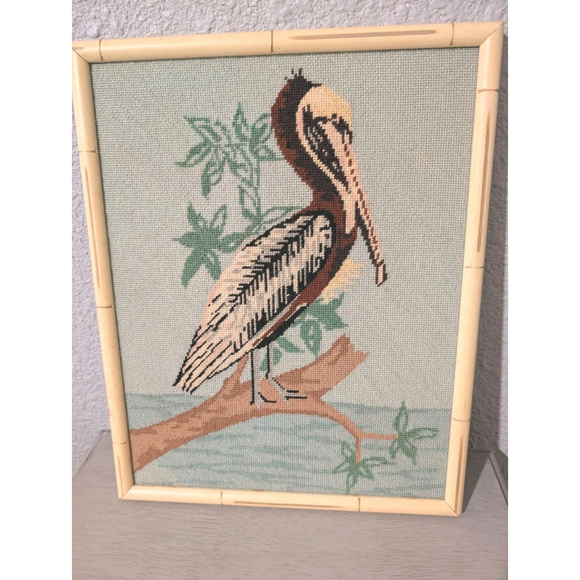 Vintage Needlepoint Pelican on branch Wall Art Nautical Ocean Framed Bamboo - Picture 1 of 15
